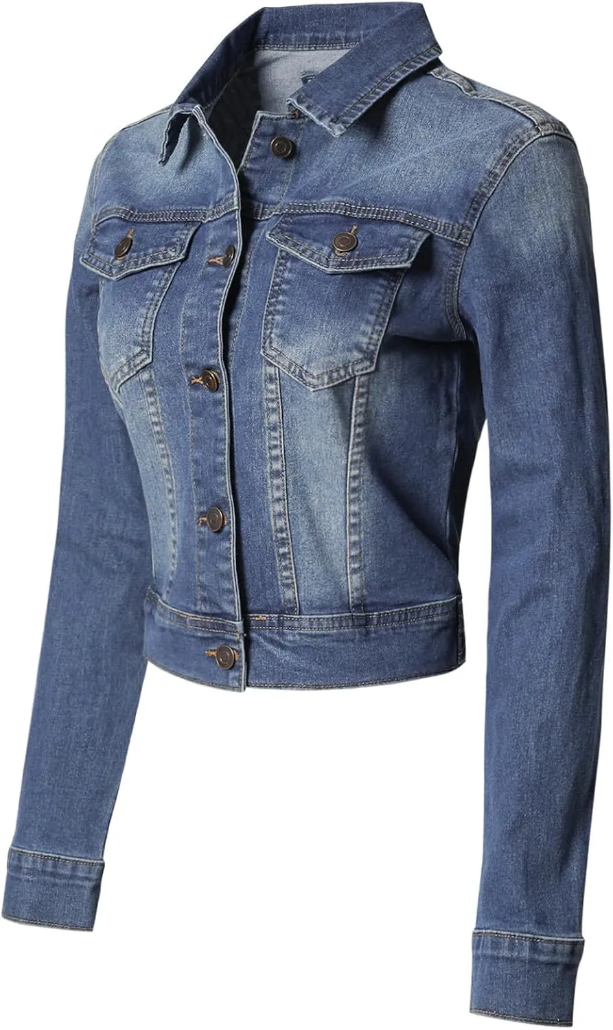 Design by Olivia Women's Classic/Destroyed Vintage Washed Long Sleeve Denim Jean Jacket