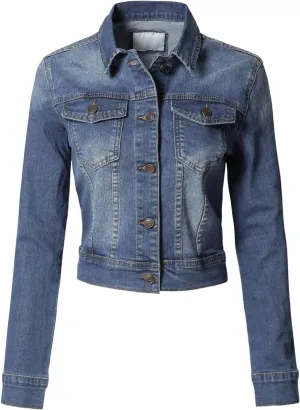 Design by Olivia Women's Classic/Destroyed Vintage Washed Long Sleeve Denim Jean Jacket
