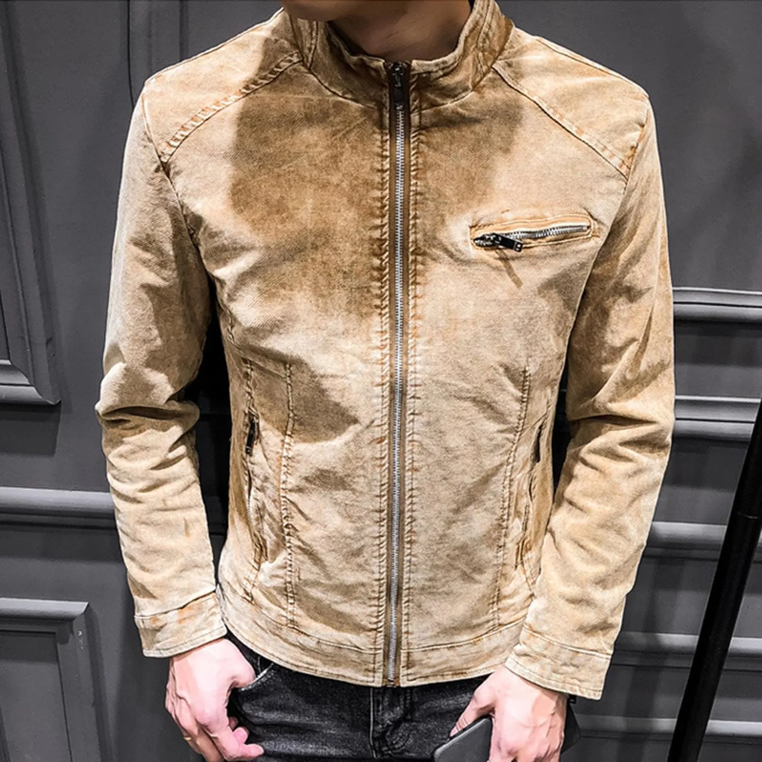 DGHM-JLMY Mens Casual Classic Denim Jacket Vintage Stand Collar Zipper Jacket Slim Fit Fashion Jean Coat With Zipper Pockets