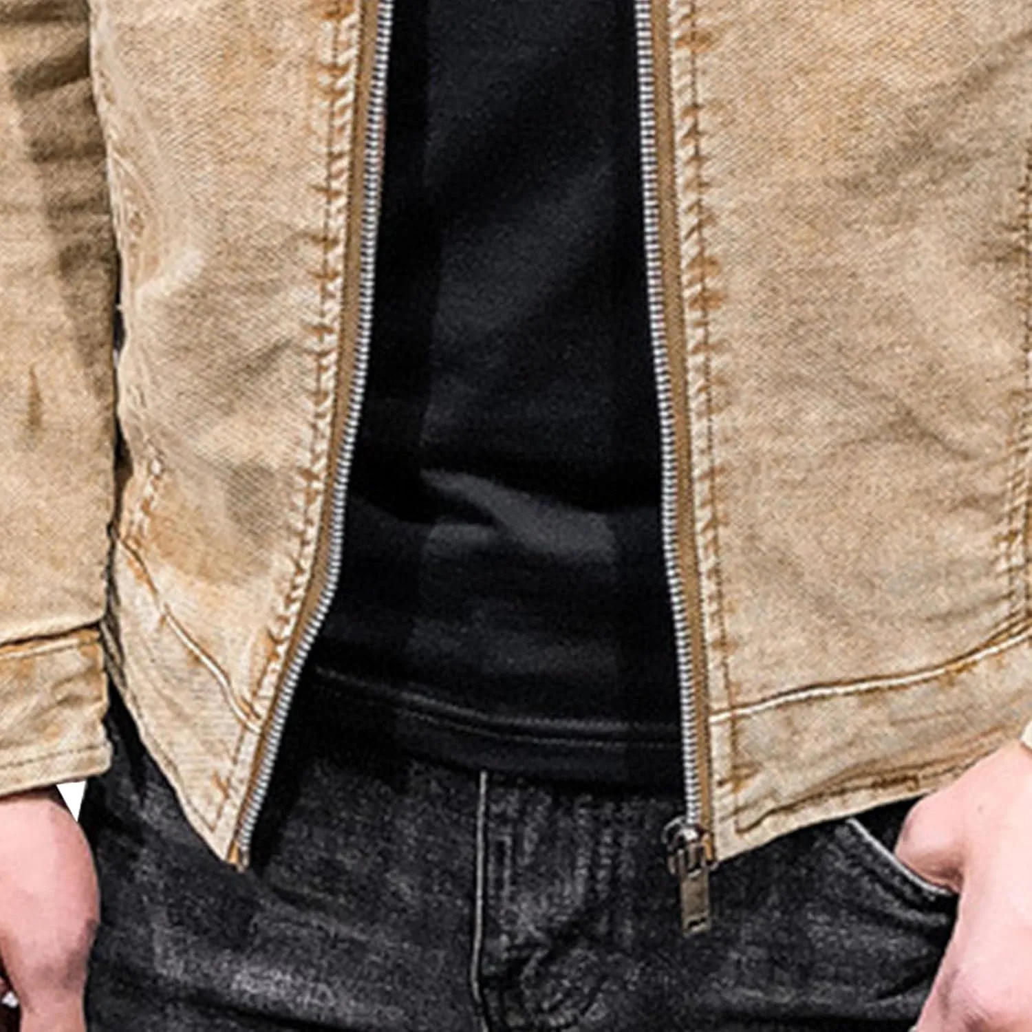 DGHM-JLMY Mens Casual Classic Denim Jacket Vintage Stand Collar Zipper Jacket Slim Fit Fashion Jean Coat With Zipper Pockets