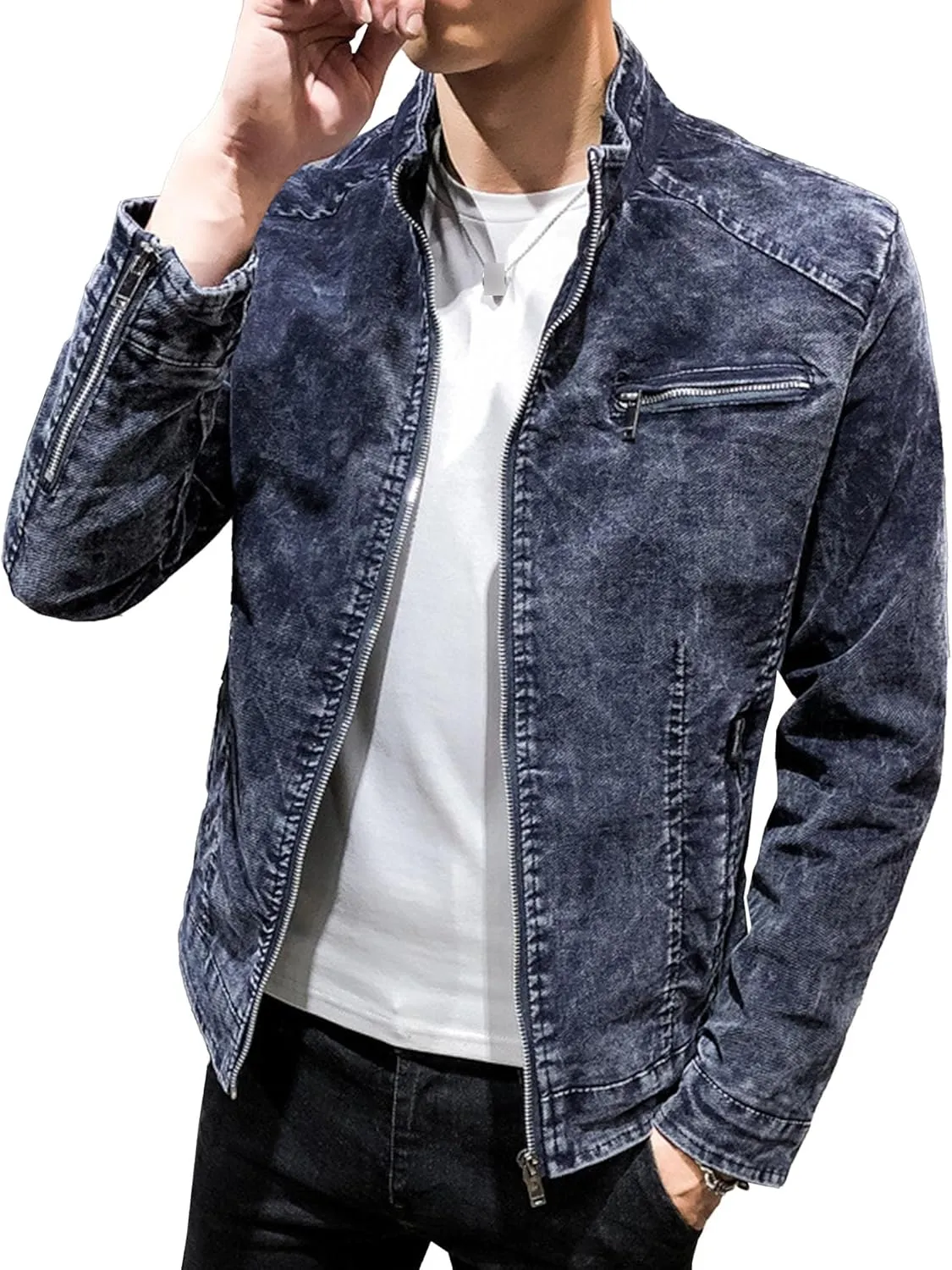 DGHM-JLMY Mens Casual Classic Denim Jacket Vintage Stand Collar Zipper Jacket Slim Fit Fashion Jean Coat With Zipper Pockets