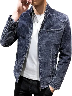 DGHM-JLMY Mens Casual Classic Denim Jacket Vintage Stand Collar Zipper Jacket Slim Fit Fashion Jean Coat With Zipper Pockets