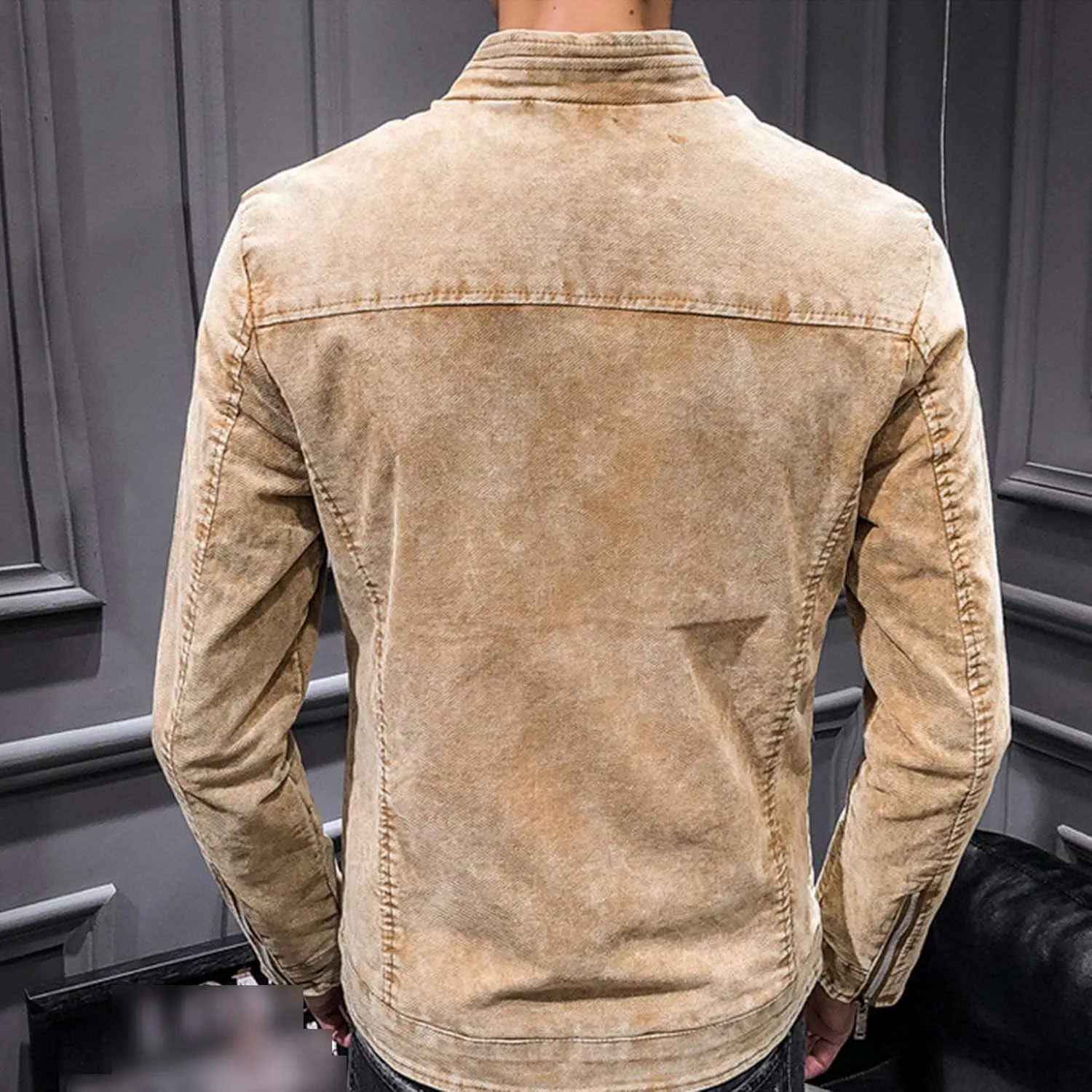 DGHM-JLMY Mens Casual Classic Denim Jacket Vintage Stand Collar Zipper Jacket Slim Fit Fashion Jean Coat With Zipper Pockets