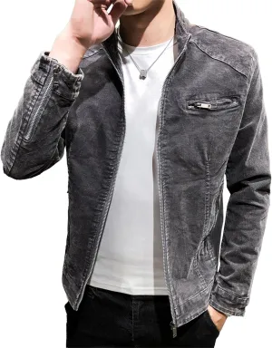 DGHM-JLMY Mens Casual Classic Denim Jacket Vintage Stand Collar Zipper Jacket Slim Fit Fashion Jean Coat With Zipper Pockets
