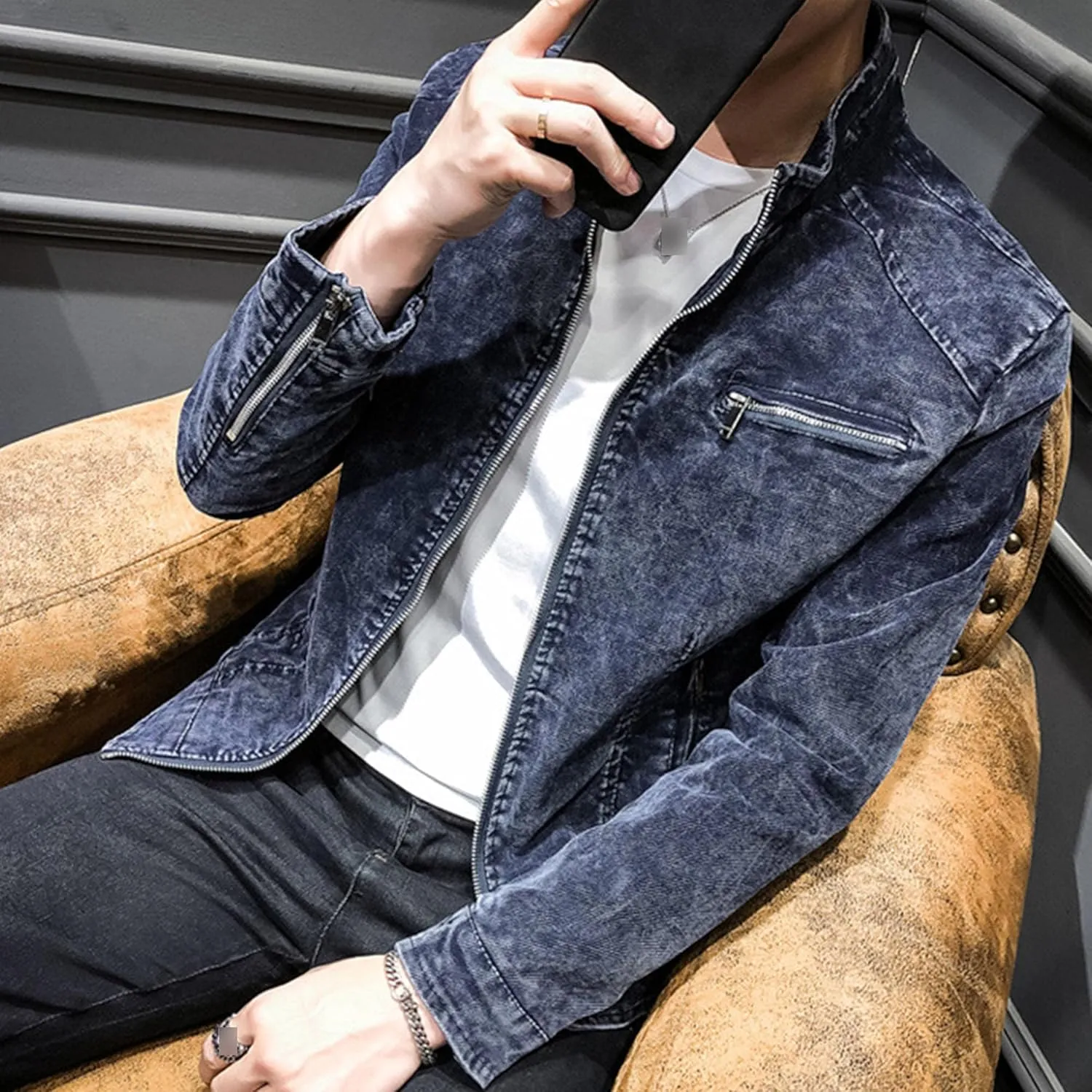 DGHM-JLMY Mens Casual Classic Denim Jacket Vintage Stand Collar Zipper Jacket Slim Fit Fashion Jean Coat With Zipper Pockets