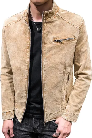 DGHM-JLMY Mens Casual Classic Denim Jacket Vintage Stand Collar Zipper Jacket Slim Fit Fashion Jean Coat With Zipper Pockets