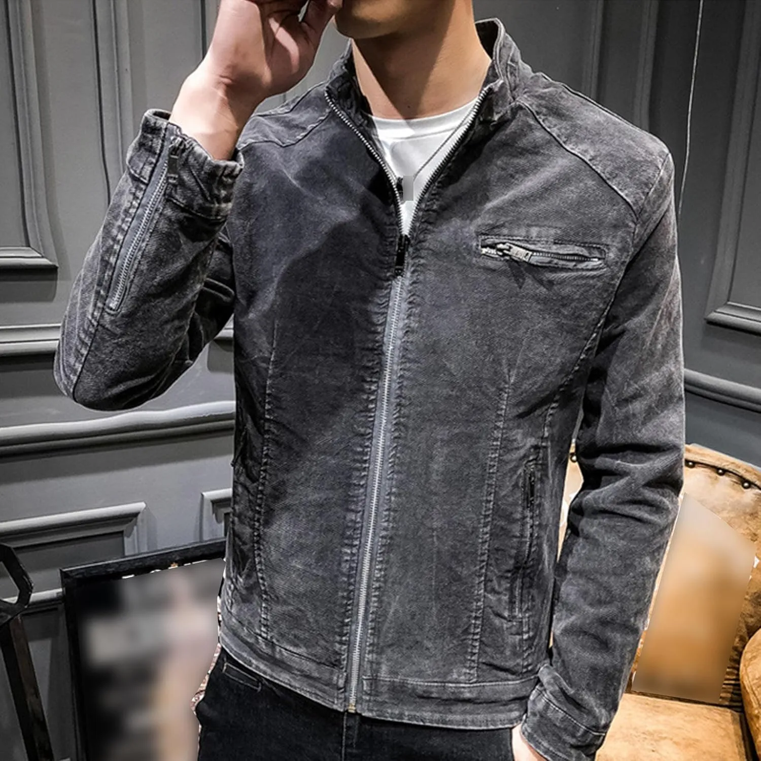 DGHM-JLMY Mens Casual Classic Denim Jacket Vintage Stand Collar Zipper Jacket Slim Fit Fashion Jean Coat With Zipper Pockets