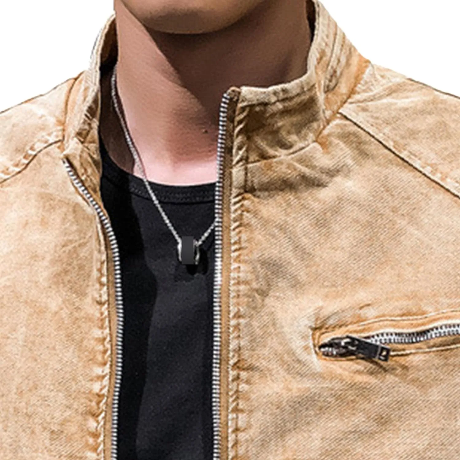 DGHM-JLMY Mens Casual Classic Denim Jacket Vintage Stand Collar Zipper Jacket Slim Fit Fashion Jean Coat With Zipper Pockets