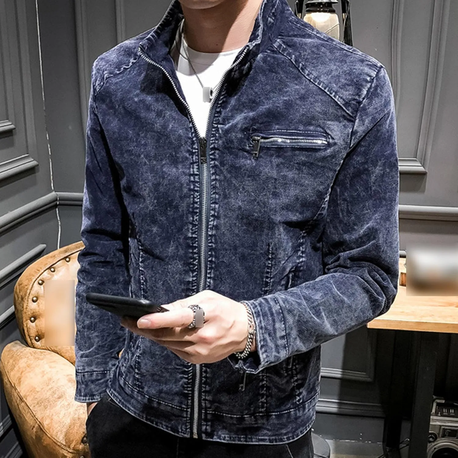 DGHM-JLMY Mens Casual Classic Denim Jacket Vintage Stand Collar Zipper Jacket Slim Fit Fashion Jean Coat With Zipper Pockets
