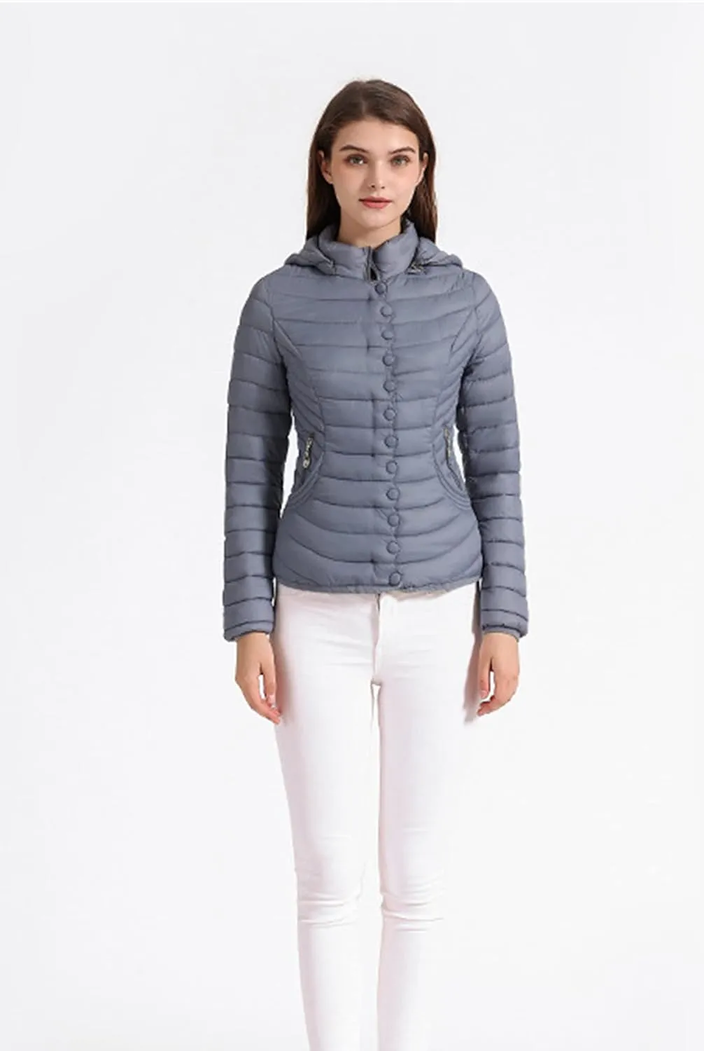 DGHM-JLMY Women Buttons Retro Short Cotton-Padded Jacket Slim Detachable Hood Winter Coat Quilted Thicken Puffer Jacket