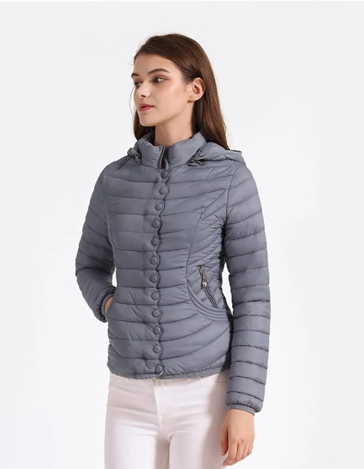 DGHM-JLMY Women Buttons Retro Short Cotton-Padded Jacket Slim Detachable Hood Winter Coat Quilted Thicken Puffer Jacket