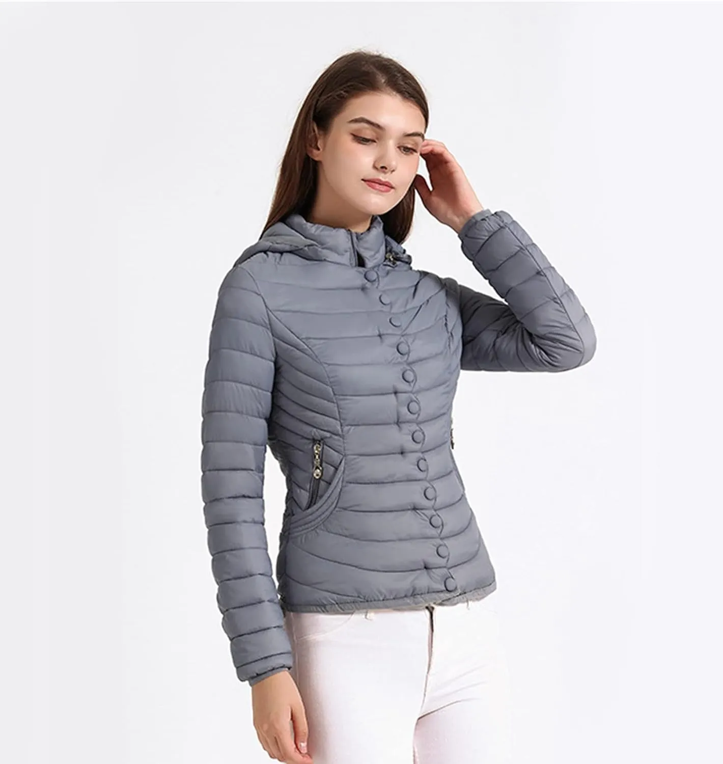 DGHM-JLMY Women Buttons Retro Short Cotton-Padded Jacket Slim Detachable Hood Winter Coat Quilted Thicken Puffer Jacket