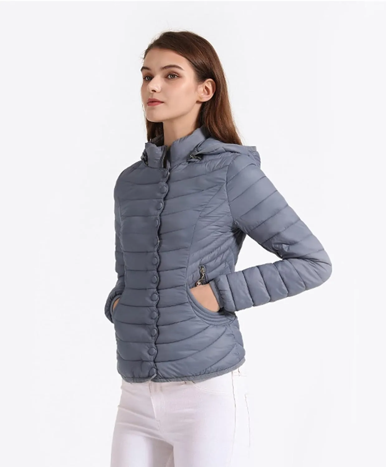 DGHM-JLMY Women Buttons Retro Short Cotton-Padded Jacket Slim Detachable Hood Winter Coat Quilted Thicken Puffer Jacket