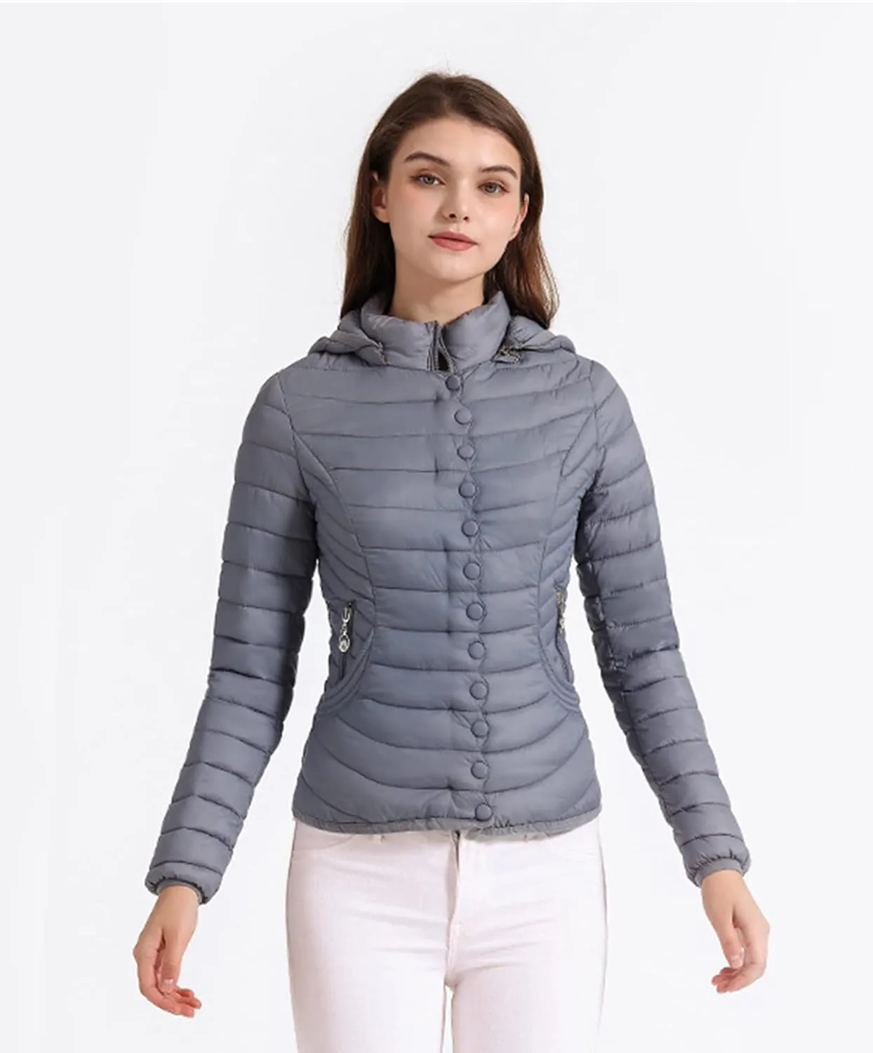DGHM-JLMY Women Buttons Retro Short Cotton-Padded Jacket Slim Detachable Hood Winter Coat Quilted Thicken Puffer Jacket