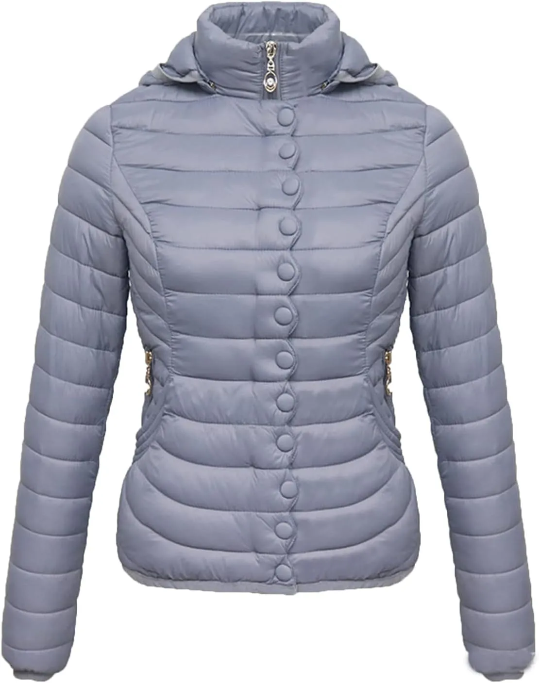 DGHM-JLMY Women Buttons Retro Short Cotton-Padded Jacket Slim Detachable Hood Winter Coat Quilted Thicken Puffer Jacket