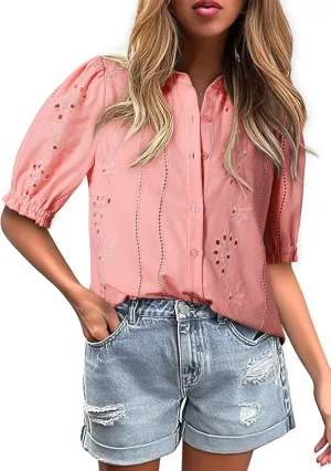 Dokotoo Women's Summer Tops Dressy Casual V Neck Short Sleeve Button Up Hollow Out Eyelet Lace Embroidered Blouses Shirts