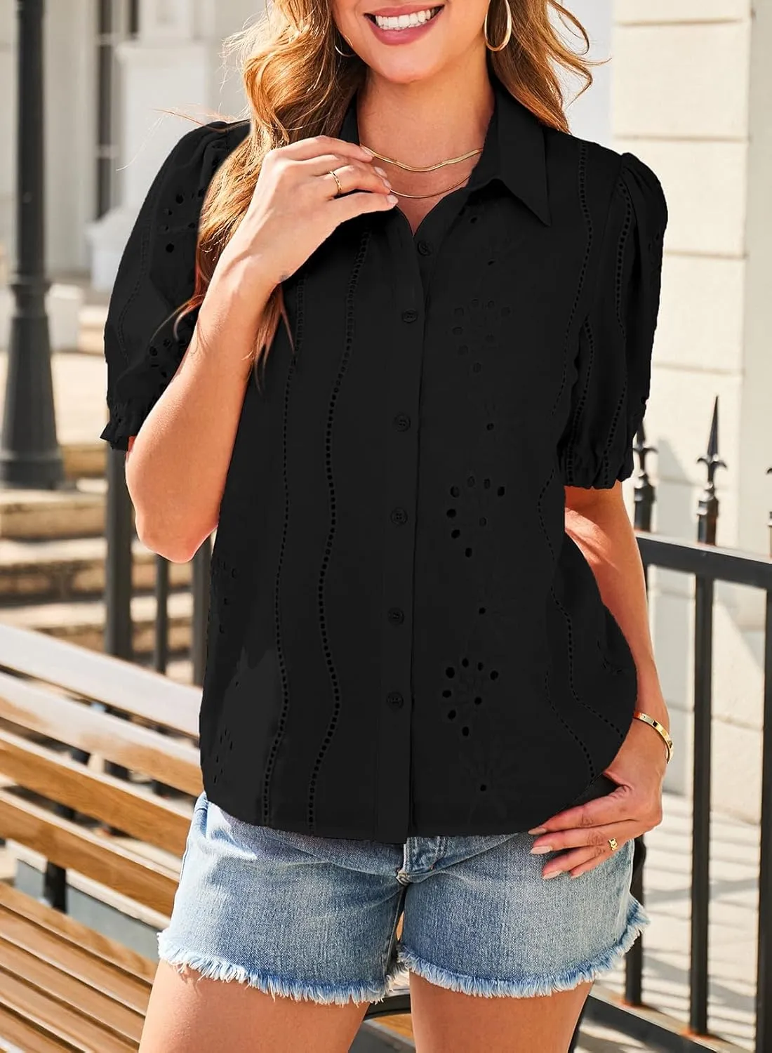 Dokotoo Women's Summer Tops Dressy Casual V Neck Short Sleeve Button Up Hollow Out Eyelet Lace Embroidered Blouses Shirts