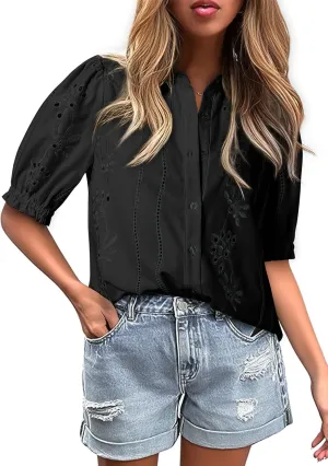 Dokotoo Women's Summer Tops Dressy Casual V Neck Short Sleeve Button Up Hollow Out Eyelet Lace Embroidered Blouses Shirts