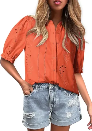 Dokotoo Women's Summer Tops Dressy Casual V Neck Short Sleeve Button Up Hollow Out Eyelet Lace Embroidered Blouses Shirts