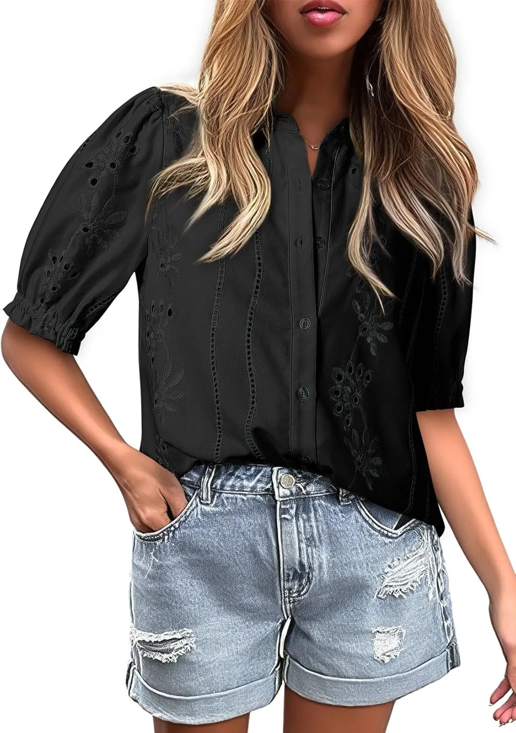 Dokotoo Women's Summer Tops Dressy Casual V Neck Short Sleeve Button Up Hollow Out Eyelet Lace Embroidered Blouses Shirts