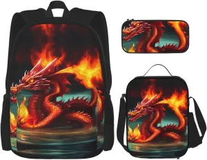 Dragon King in Fire Backpack set (3-piece set) - student school bag   pencil case   lunch bag, large capacity backpack