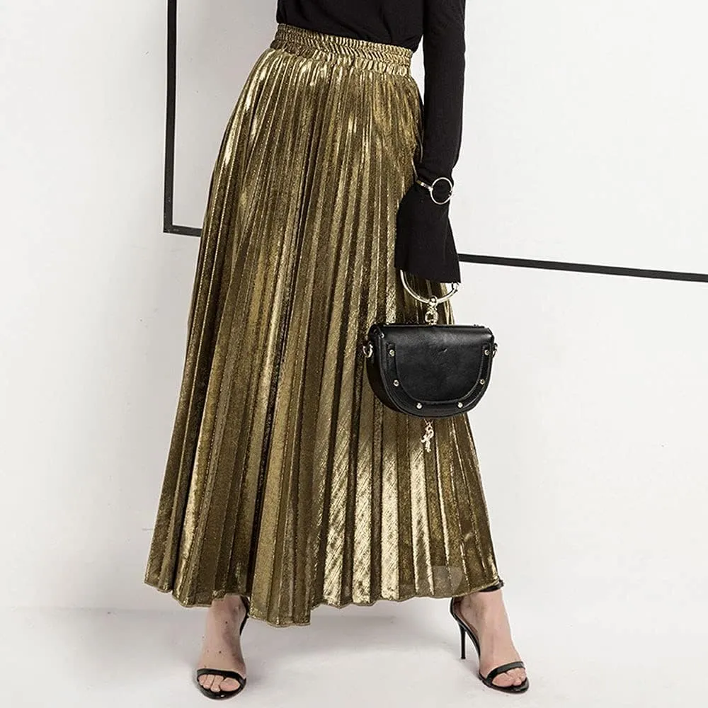 ebossy Women's Casual Elastic High Waist Metallic Pleated Long Skirt Solid Party Flowy Midi Skirt