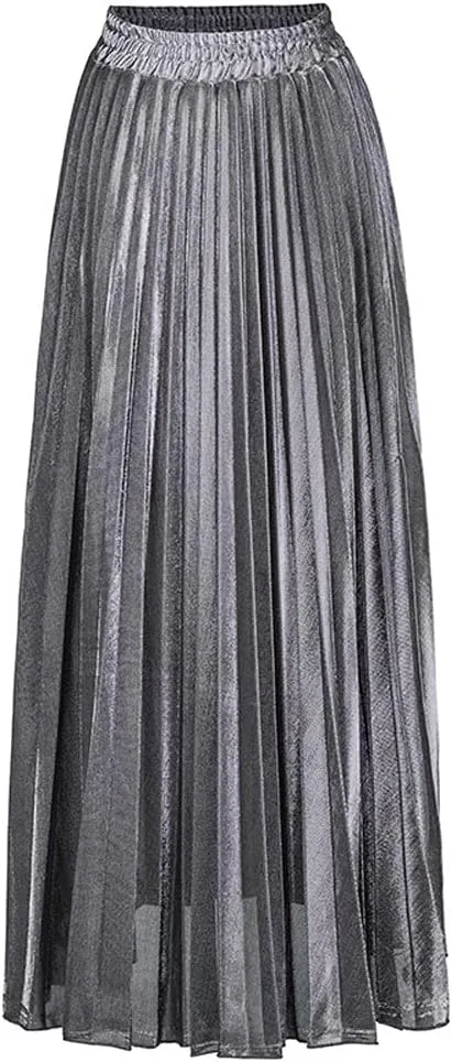 ebossy Women's Casual Elastic High Waist Metallic Pleated Long Skirt Solid Party Flowy Midi Skirt