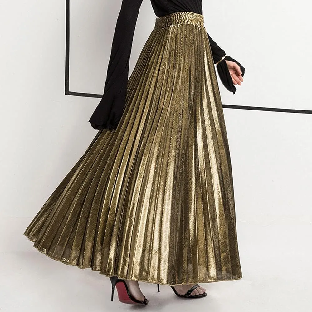 ebossy Women's Casual Elastic High Waist Metallic Pleated Long Skirt Solid Party Flowy Midi Skirt