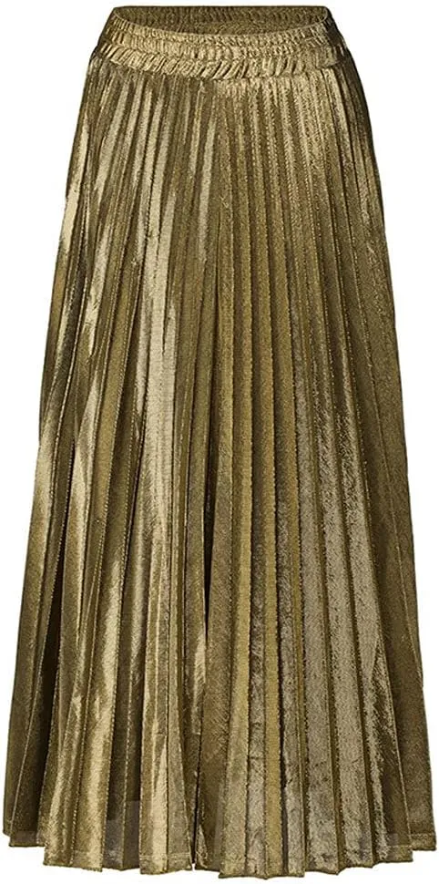 ebossy Women's Casual Elastic High Waist Metallic Pleated Long Skirt Solid Party Flowy Midi Skirt