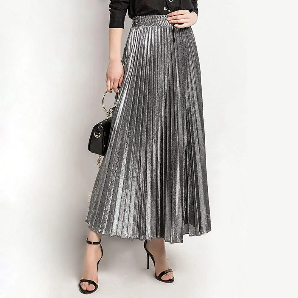 ebossy Women's Casual Elastic High Waist Metallic Pleated Long Skirt Solid Party Flowy Midi Skirt