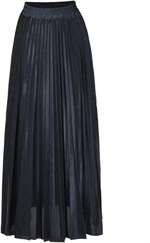 ebossy Women's Casual Elastic High Waist Metallic Pleated Long Skirt Solid Party Flowy Midi Skirt