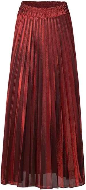 ebossy Women's Casual Elastic High Waist Metallic Pleated Long Skirt Solid Party Flowy Midi Skirt