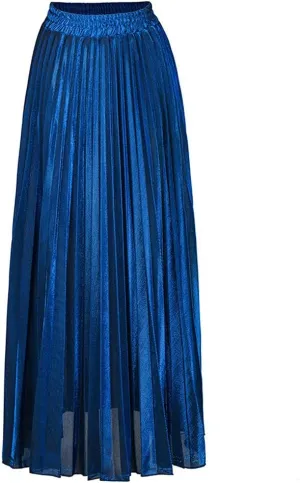 ebossy Women's Casual Elastic High Waist Metallic Pleated Long Skirt Solid Party Flowy Midi Skirt