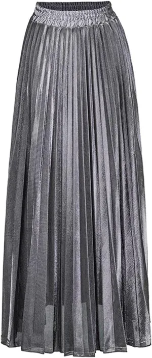 ebossy Women's Casual Elastic High Waist Metallic Pleated Long Skirt Solid Party Flowy Midi Skirt