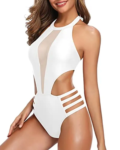 Elegant High Neck Halter Cutout One Piece Monokini Swimwear-White