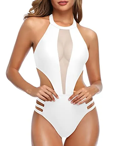 Elegant High Neck Halter Cutout One Piece Monokini Swimwear-White
