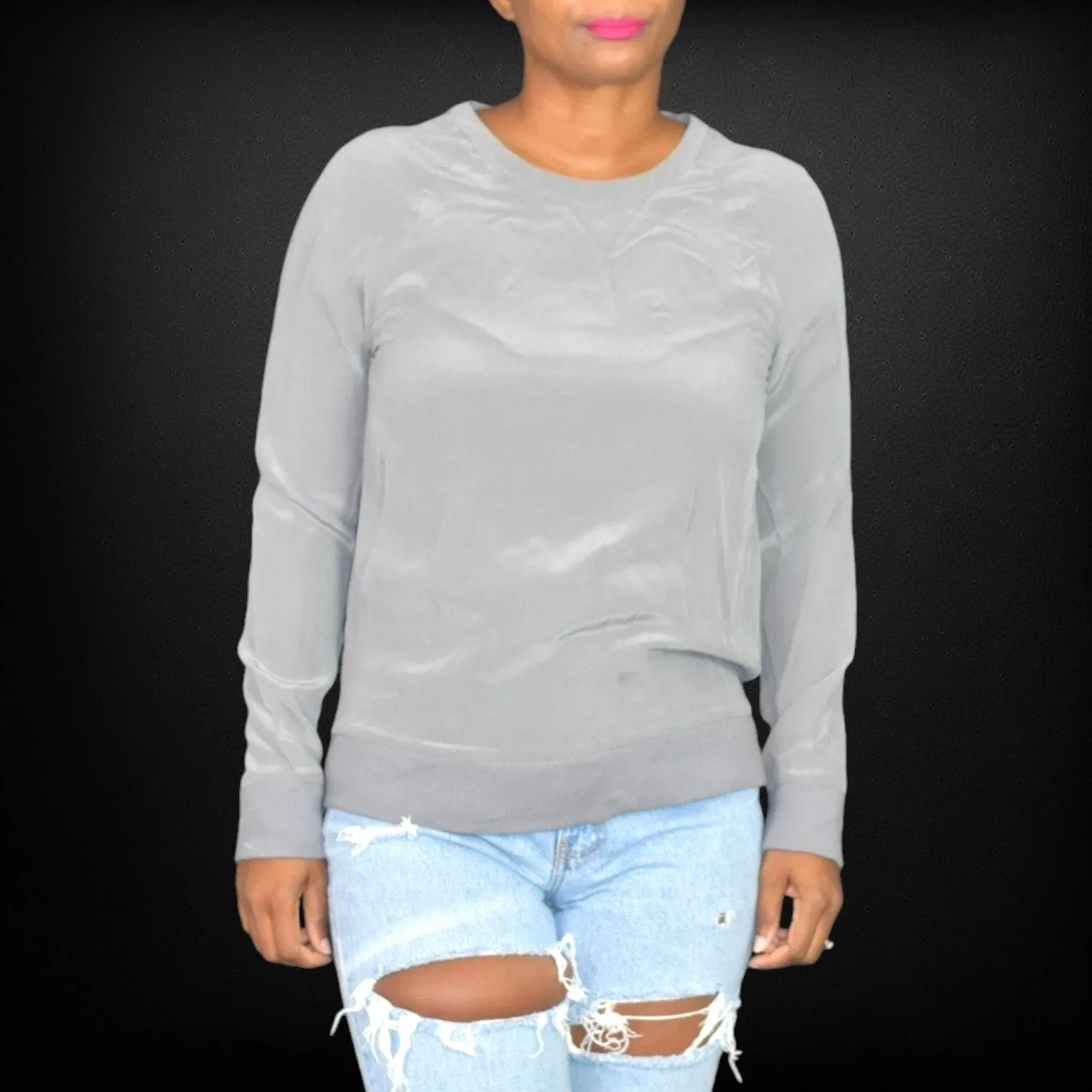 Equipment Femme Silk Crewneck Top Grey Blouse Long Sleeve Basic Pullover Size XS