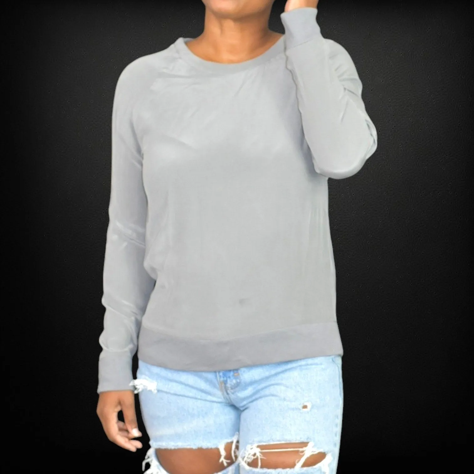 Equipment Femme Silk Crewneck Top Grey Blouse Long Sleeve Basic Pullover Size XS