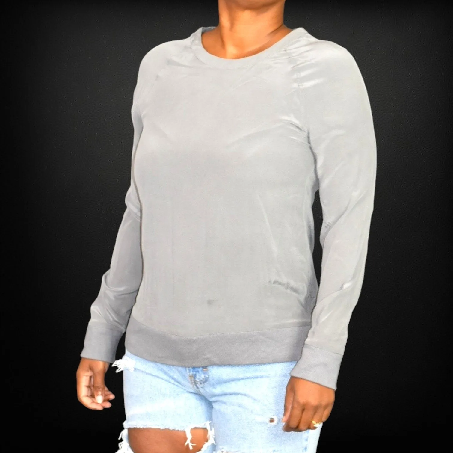 Equipment Femme Silk Crewneck Top Grey Blouse Long Sleeve Basic Pullover Size XS