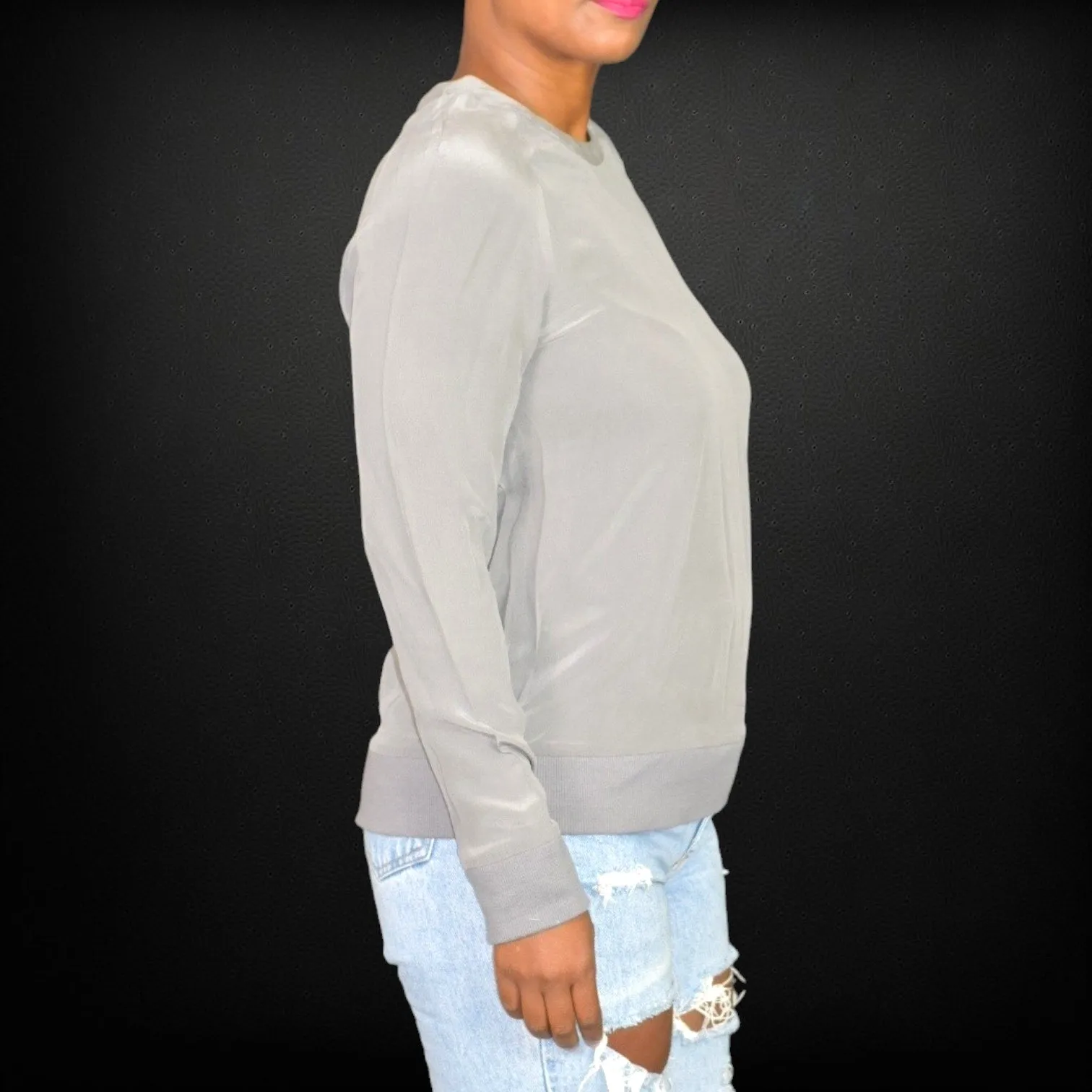 Equipment Femme Silk Crewneck Top Grey Blouse Long Sleeve Basic Pullover Size XS