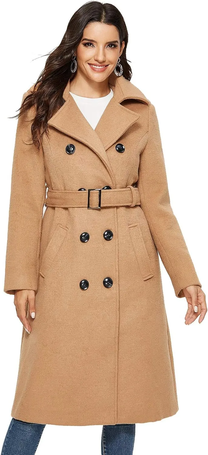 Escalier Womens Wool Coat Double Breasted Pea Coat Winter Long Trench Coat with Belt