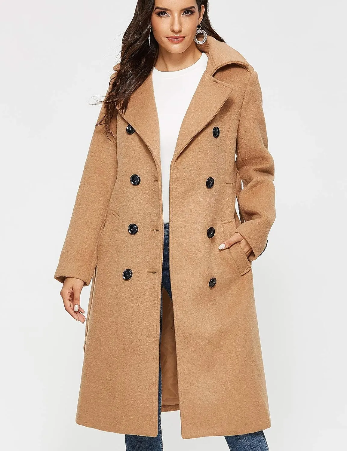 Escalier Womens Wool Coat Double Breasted Pea Coat Winter Long Trench Coat with Belt
