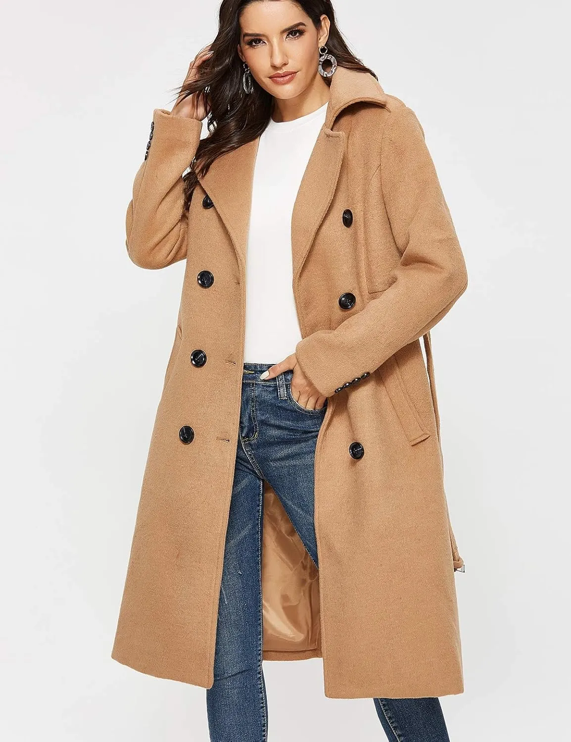 Escalier Womens Wool Coat Double Breasted Pea Coat Winter Long Trench Coat with Belt