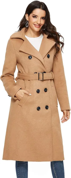 Escalier Womens Wool Coat Double Breasted Pea Coat Winter Long Trench Coat with Belt