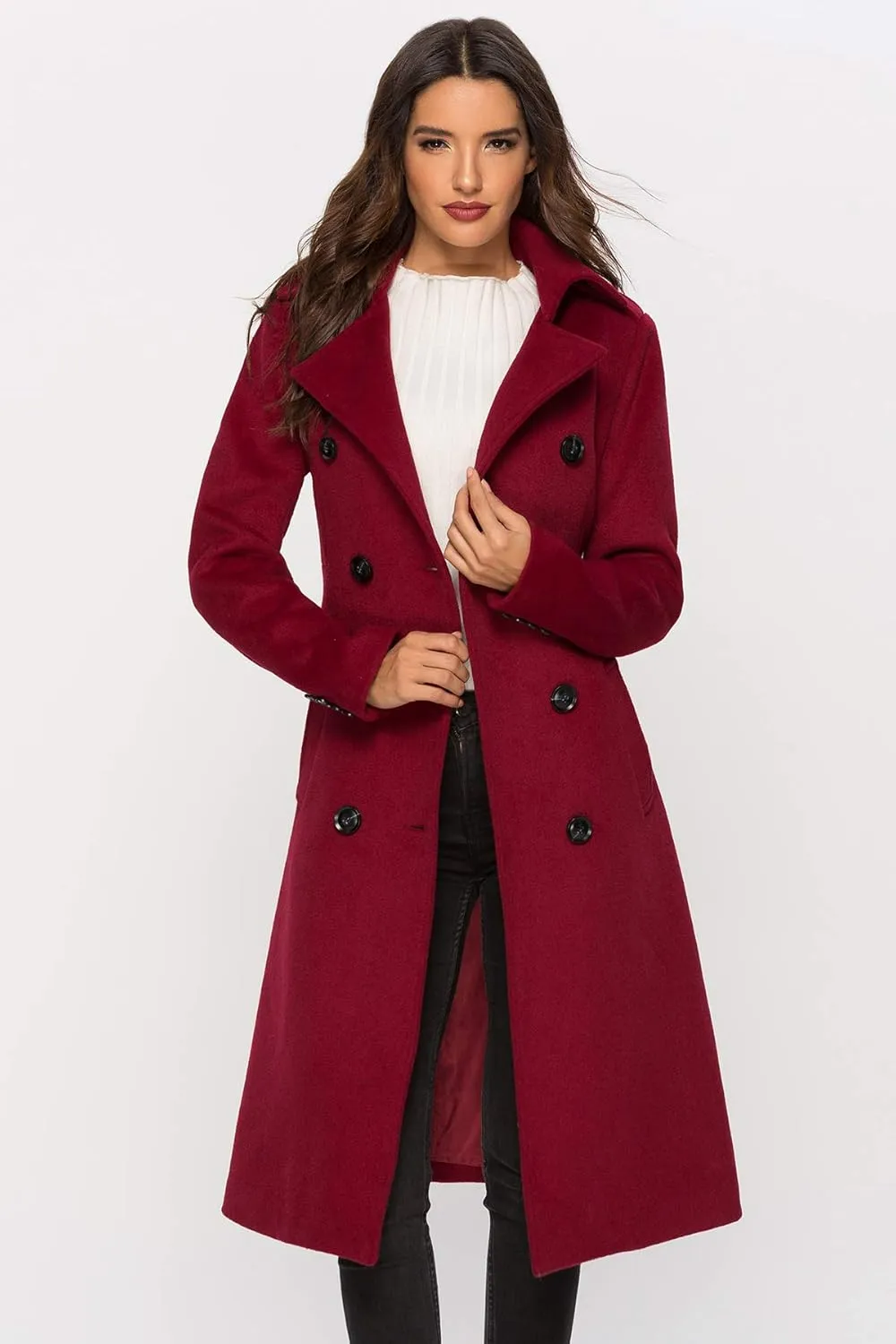 Escalier Womens Wool Coat Double Breasted Pea Coat Winter Long Trench Coat with Belt
