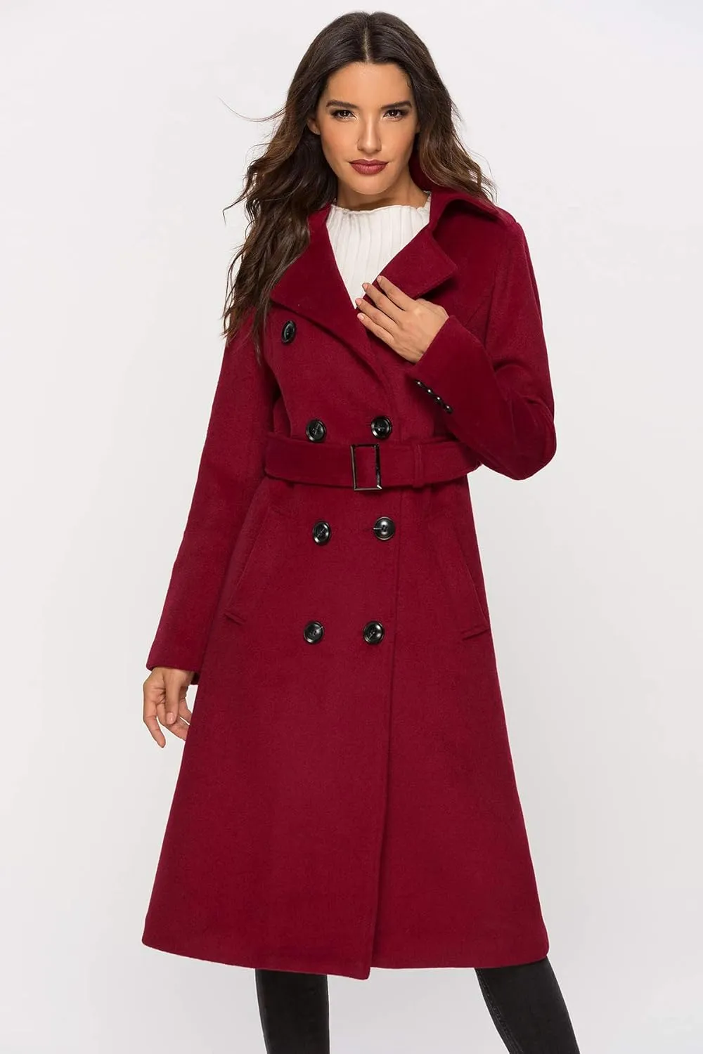 Escalier Womens Wool Coat Double Breasted Pea Coat Winter Long Trench Coat with Belt