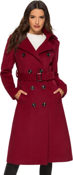 Escalier Womens Wool Coat Double Breasted Pea Coat Winter Long Trench Coat with Belt