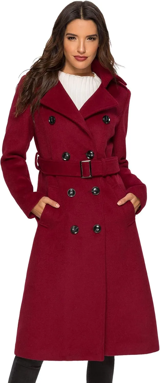 Escalier Womens Wool Coat Double Breasted Pea Coat Winter Long Trench Coat with Belt