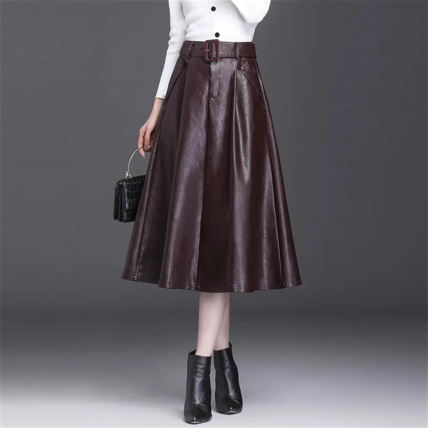 Faux Leather Skirt Women Belt A-Line Skirt Female Loose Elegant Split Pleated Midi Skirt