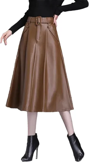 Faux Leather Skirt Women Belt A-Line Skirt Female Loose Elegant Split Pleated Midi Skirt